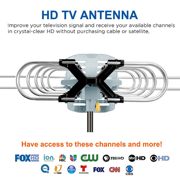 150 Mile Motorized 360 Degree Rotation OTA Amplified Outdoor HD TV Antenna - UHF/VHF/1080P Channels Wireless Remote control