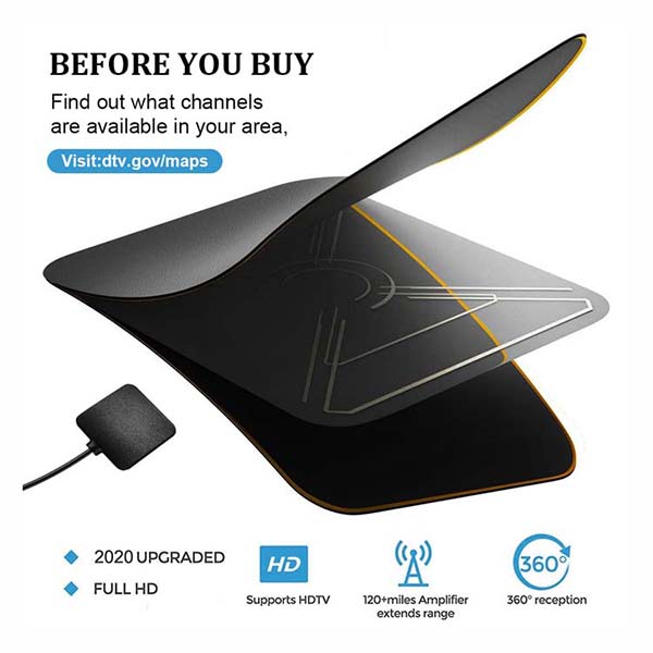 50 Mile Range 4K Amplified Ultra-Thin Indoor Plate HDTV Antenna with Detachable Amplifier Signal Booster