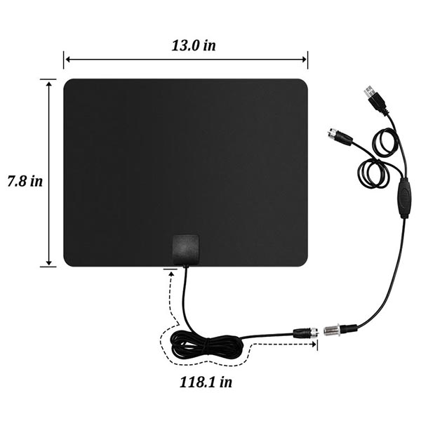 50 Mile Range 4K Amplified Ultra-Thin Indoor Plate HDTV Antenna with Detachable Amplifier Signal Booster